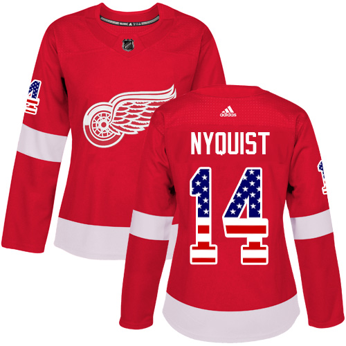 Adidas Red Wings #14 Gustav Nyquist Red Home Authentic USA Flag Women's Stitched NHL Jersey